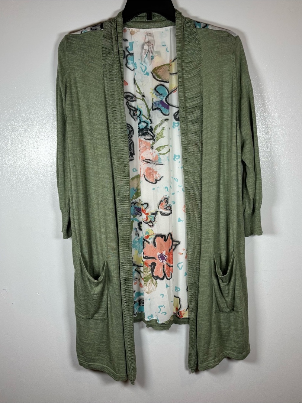 Melissa McCarthy Seven7 Cardigan Sz 1X Green Floral Open Lightweight 3/4 Sleeve